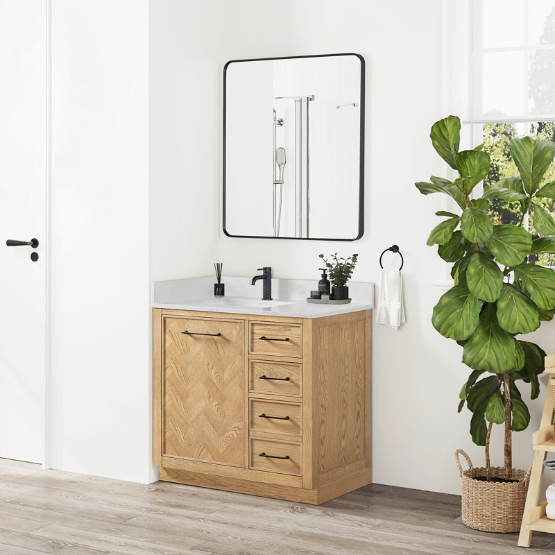 Jakarta 36" Single Bath Vanity with Silk White Quartz Stone Top, Oak Weathering Light Brown, Matte Black