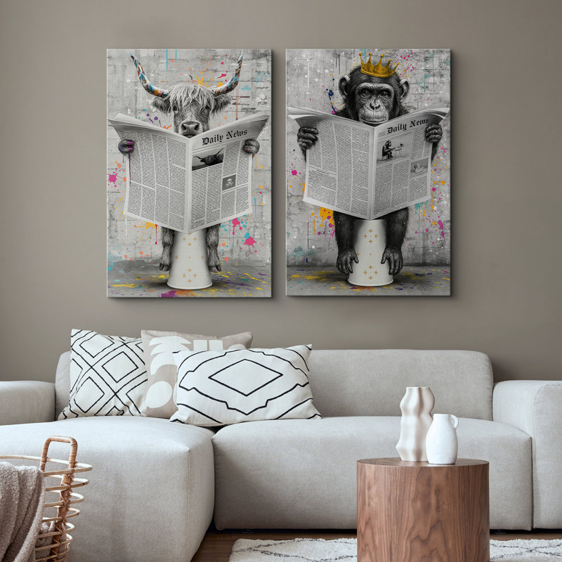 Reproduction d'art journal sur toile, impression de vaches et de singes des montagnes des Graffiti pour une salle de bain moderne urbaine ou un loft