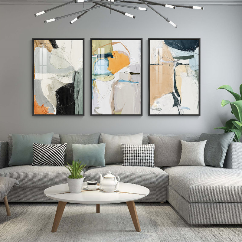 Abstrait aluminium encadré, ensemble de 3 reproductions encadrées sur toile, H 16,3 po x l 36,3 po, Cadre flottant, Noir