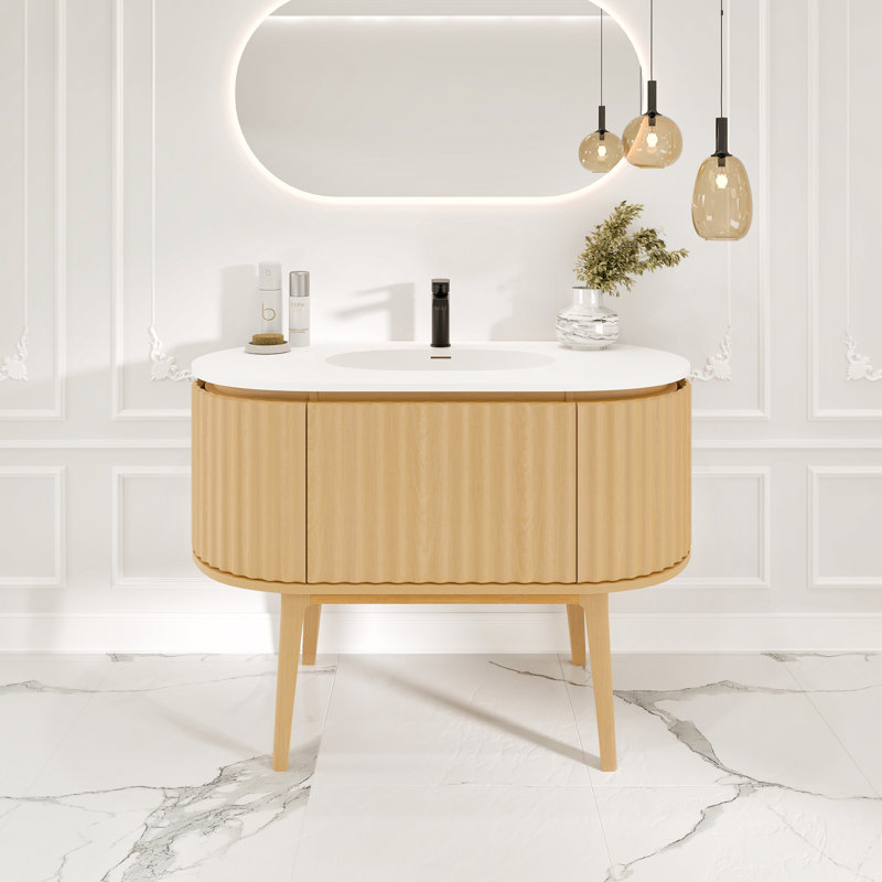 Natural Oak Freestanding Bathroom Vanity with White Solid Surface Top