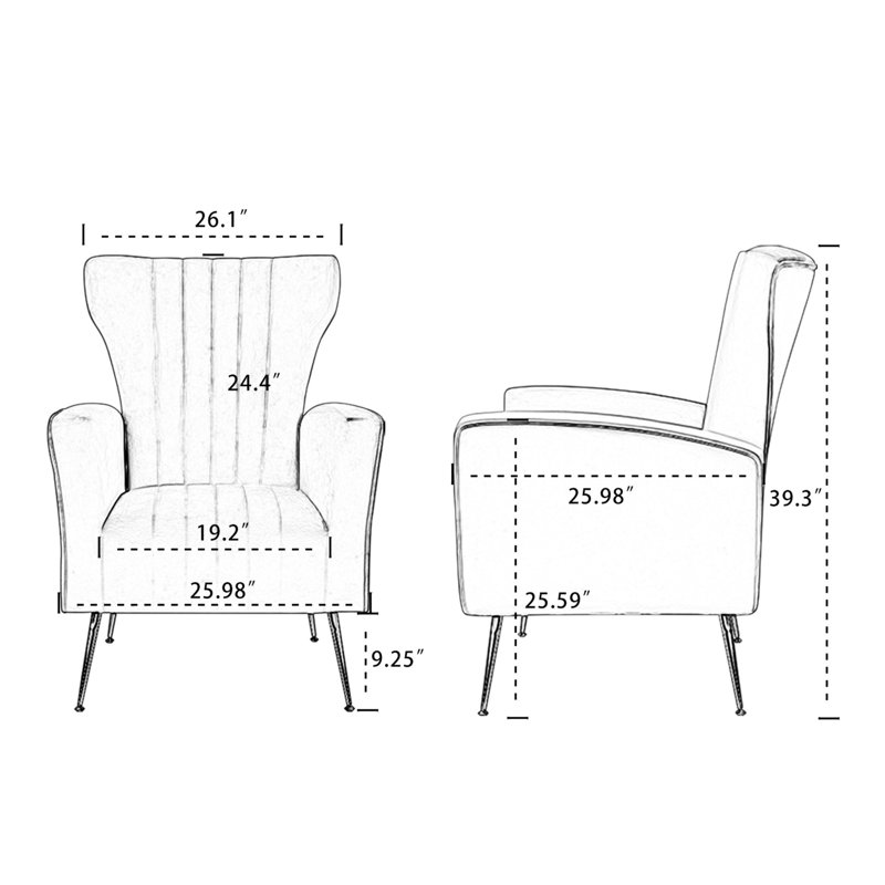 Upholstered Velvet Wingback Arm Chair - Gold Legs, Charming Single In White With Wingback, Gold- For Various Rooms,