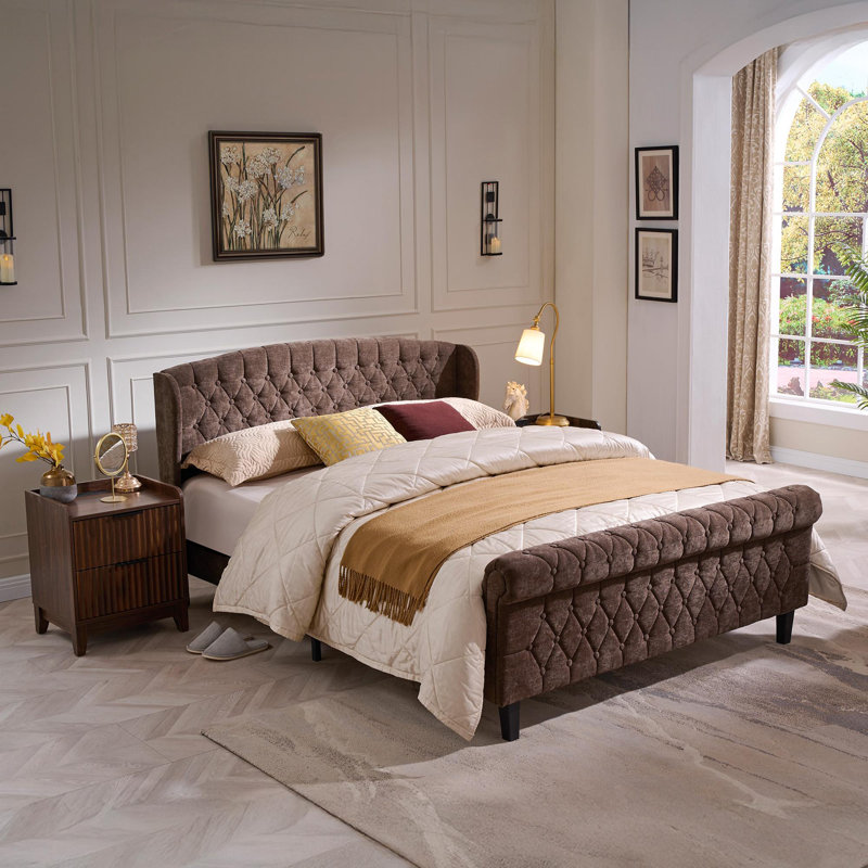 Velvet Upholstered  Bed  with Wingback Headboard, Full / Double