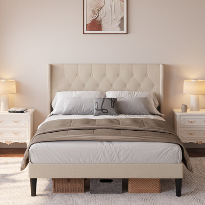  Structure de lit moderne Nkenge: support en bois et en métal, tête de lit tapissier, rangement sous le lit