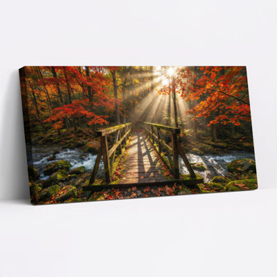 Autumn Forest Bridge Sunlight Canvas Wrapped Wall Art Oil Painting Print Set Of 1