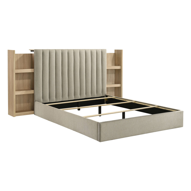 Ensemble de chambre à coucher Merritt en chêne clair 5 pièces pour lit queen avec lit capitonné, commode, table de chevet, chiffonnier et miroir