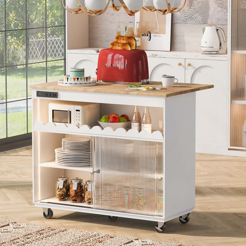 Îlot de cuisine avec abattant, chariot de cuisine à DEL sur roulettes, Grey Blue, Solid + Manufactured Wood