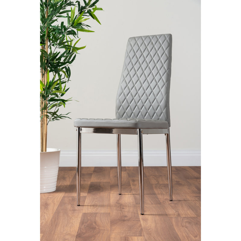 Eubanks Faux Leather Modern Tall Back Dining Chairs with Metal Legs & Diamond Stitching, 4, Silver, Grey