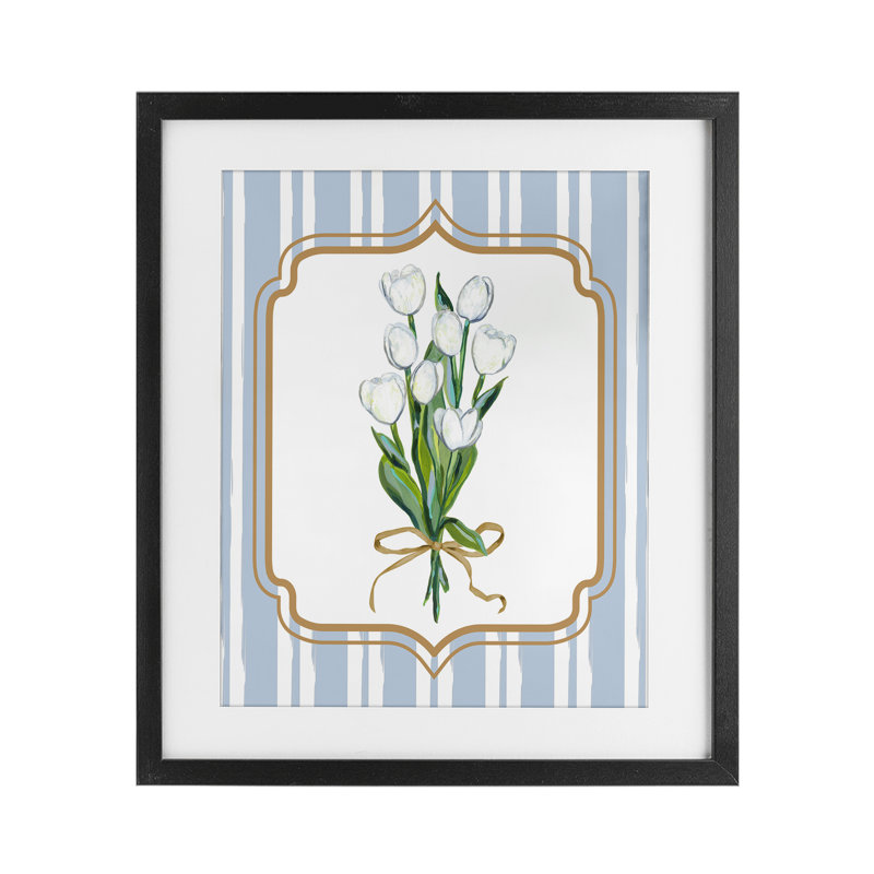 «White Tulip Bouquet & Stripes», reproduction sous verre, conception par Adonna Ebrahimi, H 16 po x l 13 po