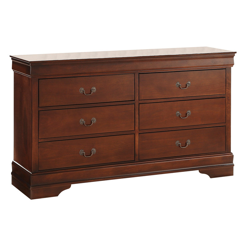 Commode 6 tiroirs pré-assemblée de style Louis Phillipe avec finition cerisier brun - solution de rangement pour meubles de chambre à coucher en bois classique