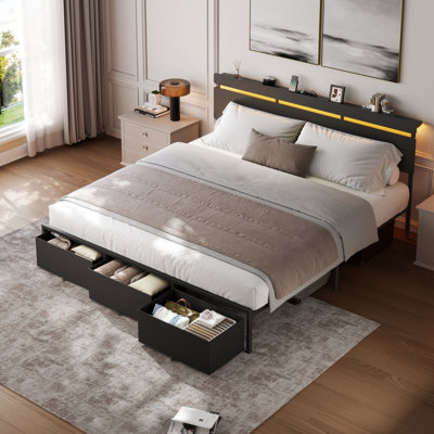 Drew 3-piece Bedroom Sets, Led Bed With Led Lights, Charging Station, Storage Headboard , 2 Nightstands