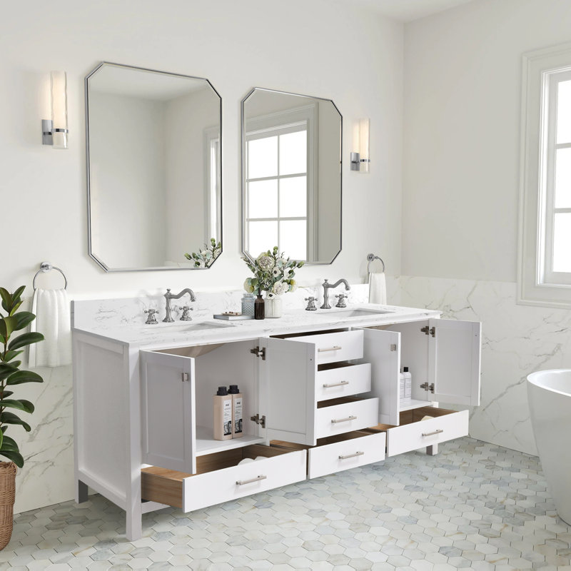 Modern Bathroom Vanity With Double Sinks & Storage, White/Brushed Nickel, 84"
