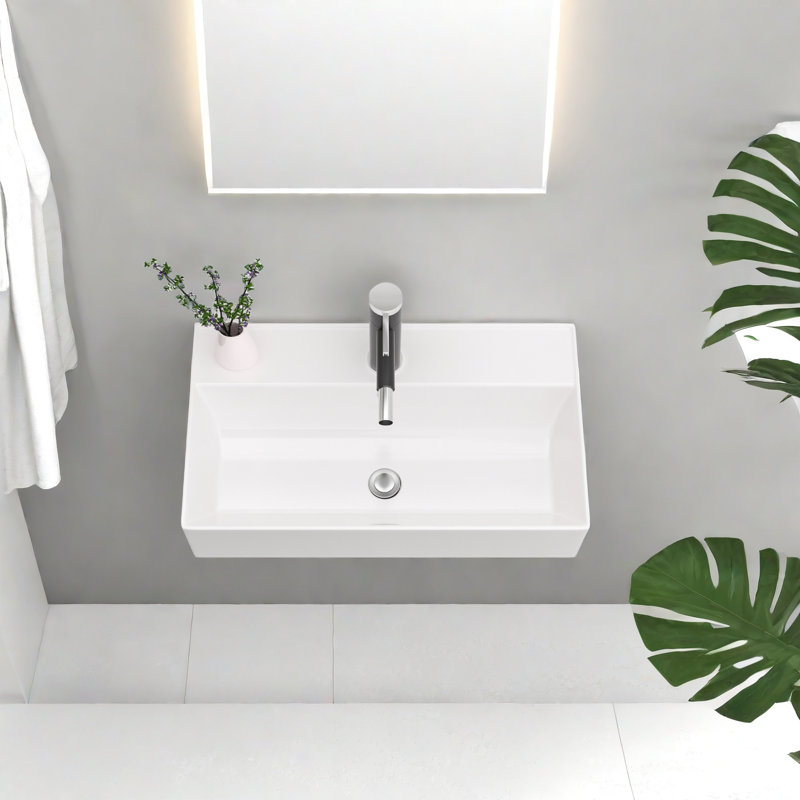 21" x 12" White Ceramic Rectangular Wall Mount Bathroom Sink, Floating Sink with Single Faucet Hole & Overflow, 1.75" Drain, 5" Height, for Compact Bathrooms
