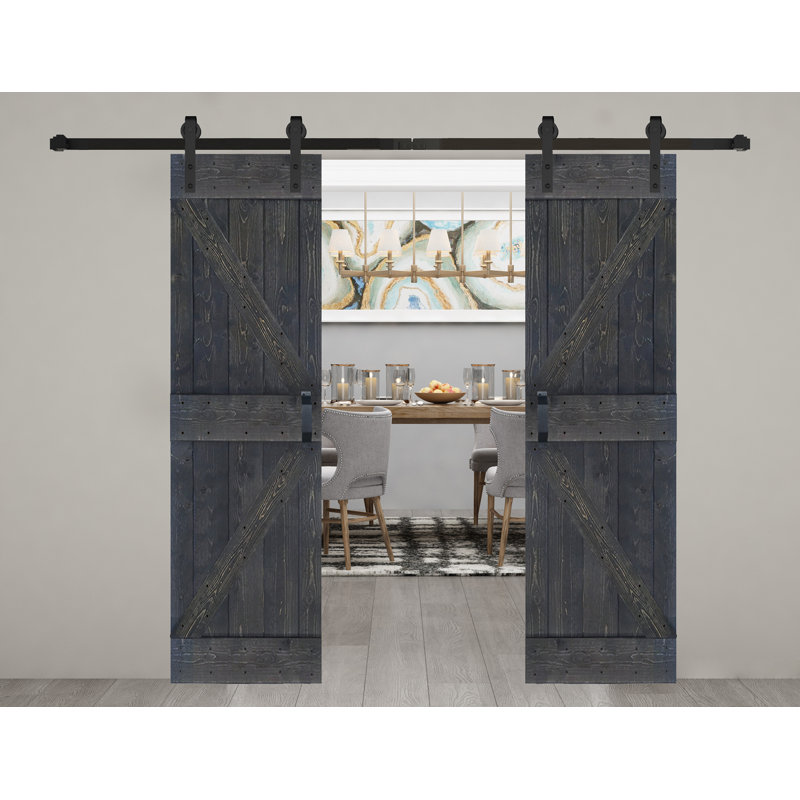 Porte de grange coulissante double en bois massif de style K avec ensemble de quincaillerie - Assemblage requis, Gris carbone