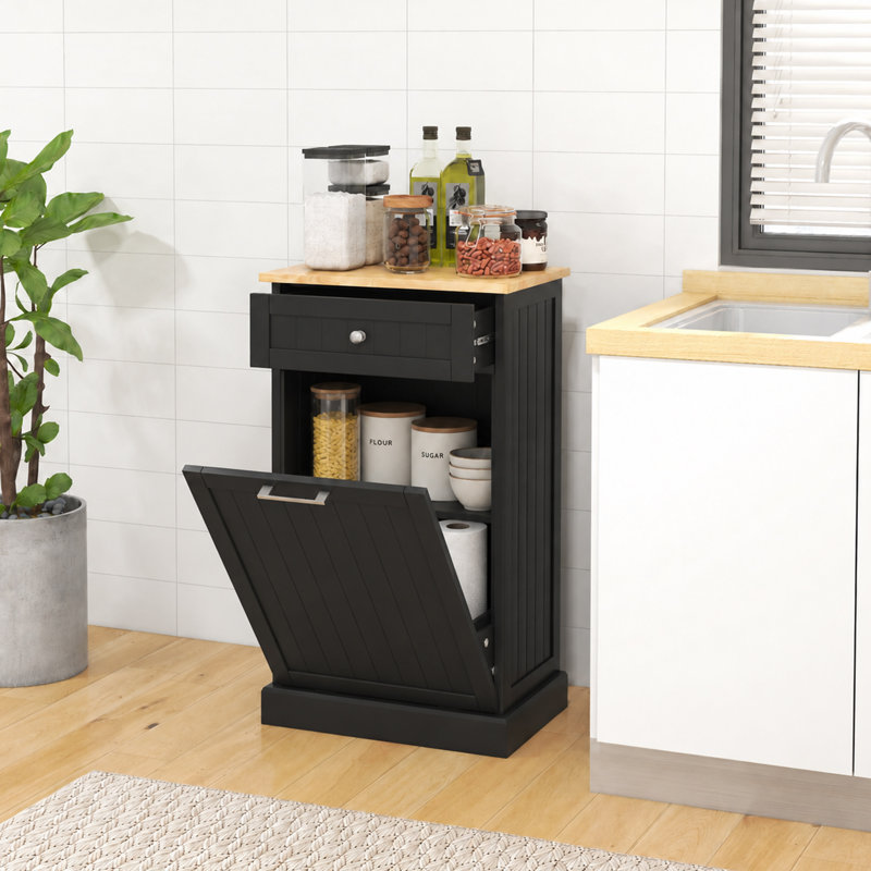 Lynnsay Tilt Out Trash Cabinet, Hidden Garbage Bin Cabinet with Drawer, Black