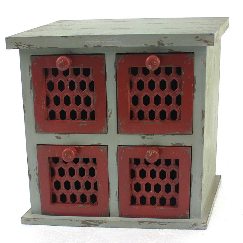 Semund Wooden Table Top Organizer with 4 Drawers, Distressed Gray and Red