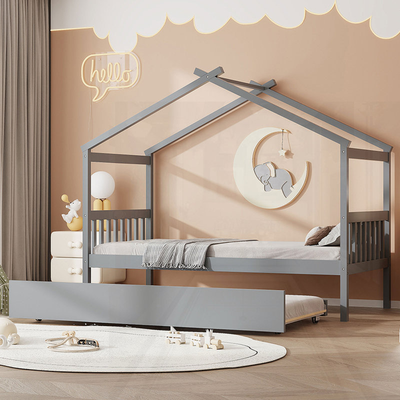 Lit en bois avec couchette, gris, Simple