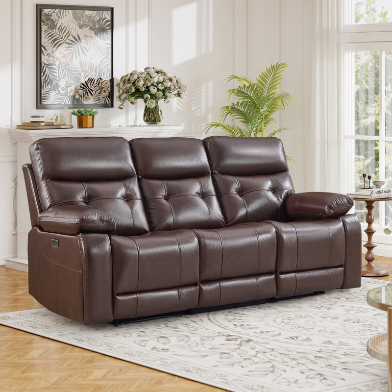 83.86" W Modern Super Soft Top Grain Leather Tufted  Power Reclining Sofa With Dual Hidden Cup Holders & USB Port(Set Of 2)