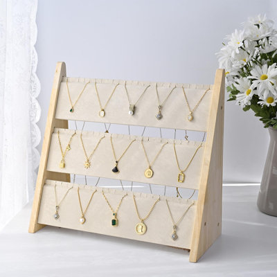 Support à collier en bois à 3 niveaux avec suède beige - Organisateur de bijoux réglable pour 32 à 69 colliers, présentoir à boucles d'oreilles, parfait pour les exposants et les vendeurs, beige