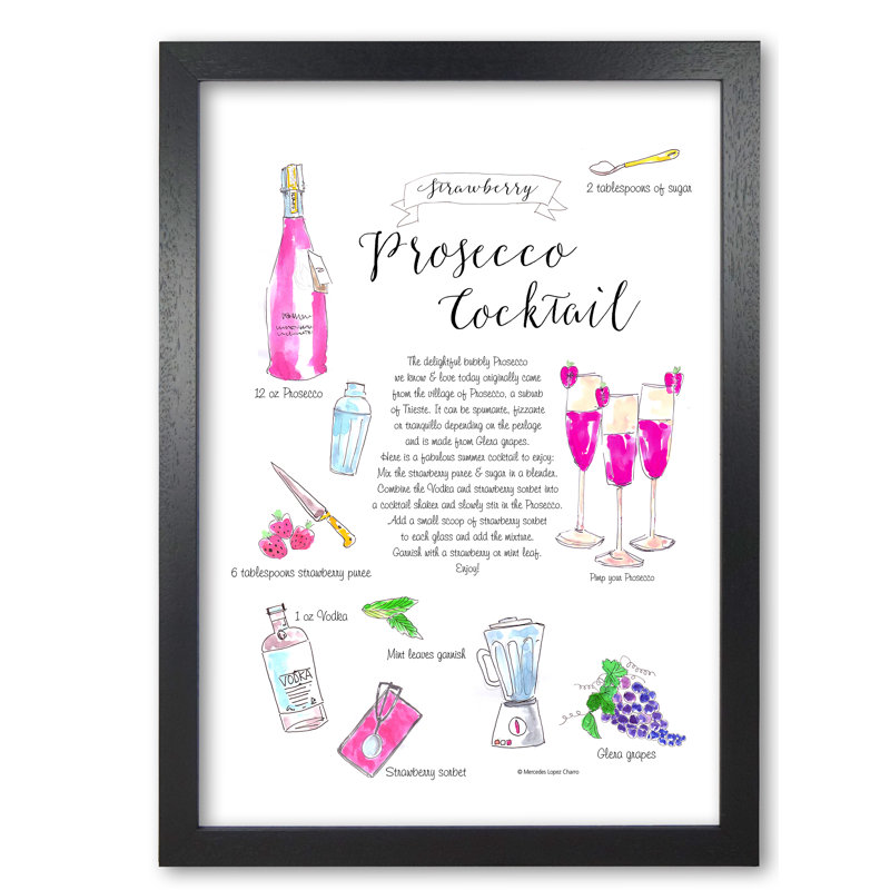 Strawberry Prosecco Cocktail Recipe - Print, Black Grain, 84.1 cm H x 59.4 cm W x 5 cm D