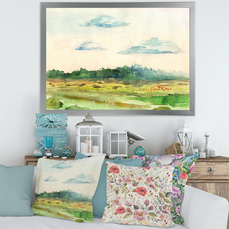 «Green Blossoming Summer Landscape», peinture sur toile, H 30 po x l 40 po x 1,5 po, Toile avec cadre argenté