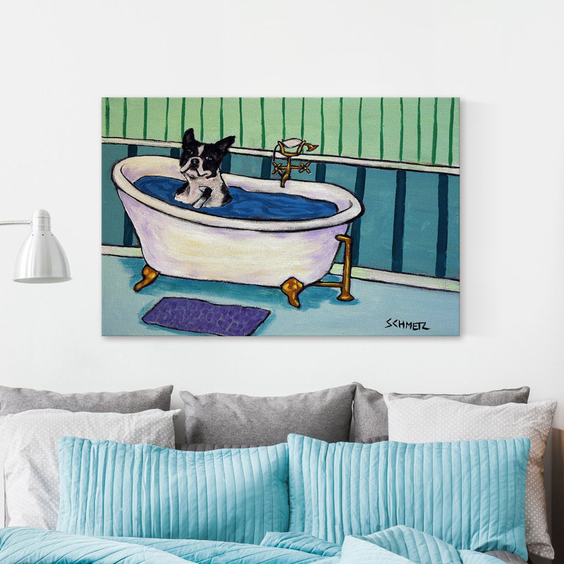 «Boston Terrier Bath» par Jay Schmetz, reproduction sur toile, H 12 po x l 18 po