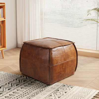 Full-Grain Genuine Leather Square Pouf With Patchwork Design