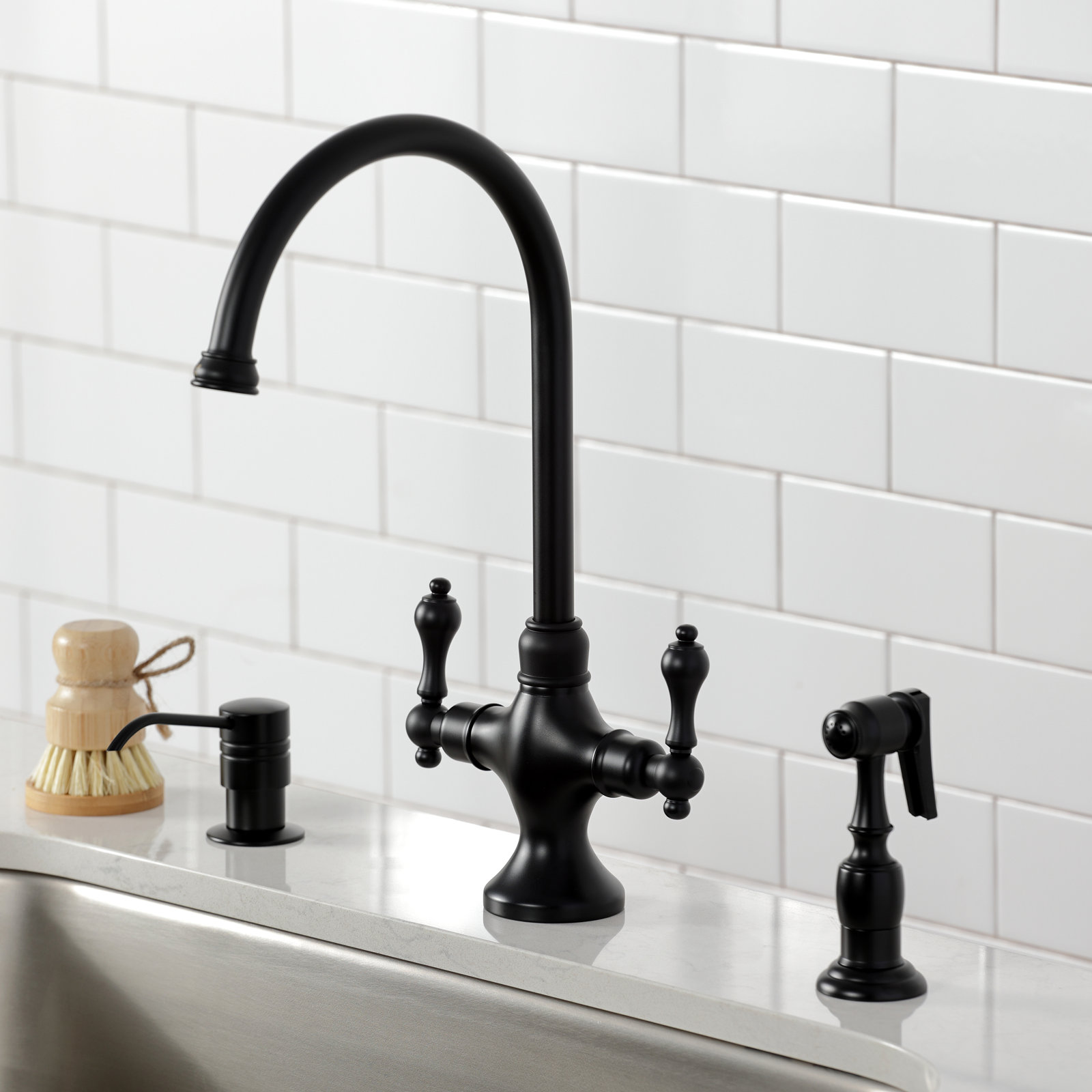 Double Handle Kitchen Faucet with Side Spray, Matte Black