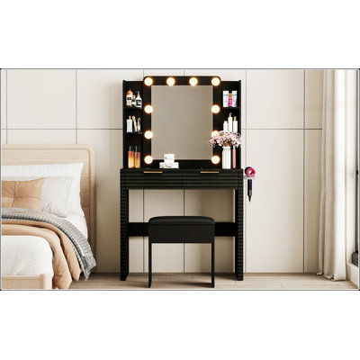 Makeup Vanity Desk with 10 Adjustable Hollywood Bulbs, Fluted Dressing Table with Charging Station, Drawers, and Shelves