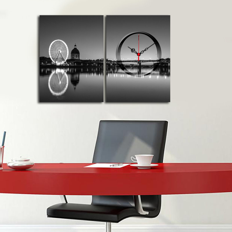 Horloge murale élégante en toile décorative (2 pièces), 23,6 x 15,0 pouces | 100% toile de suède et cadre 100% bois (épaisseur: 1,2 po) | Décoration élégante pour le salon et le bureau, design intemporel