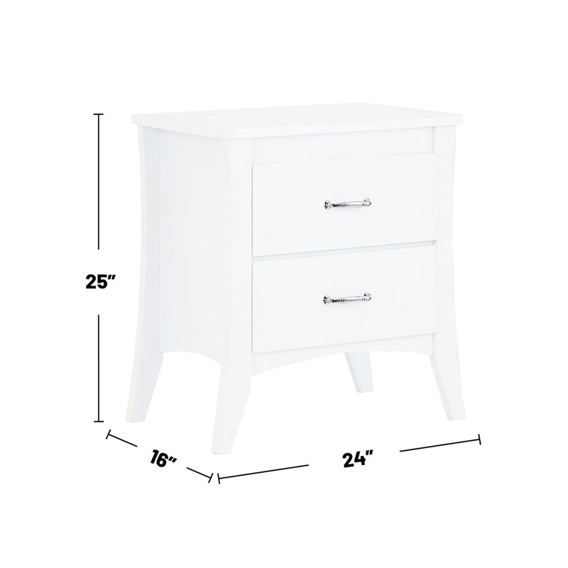 Table de chevet blanche avec deux tiroirs de taille et deux pieds effilés blancs fonctionnels