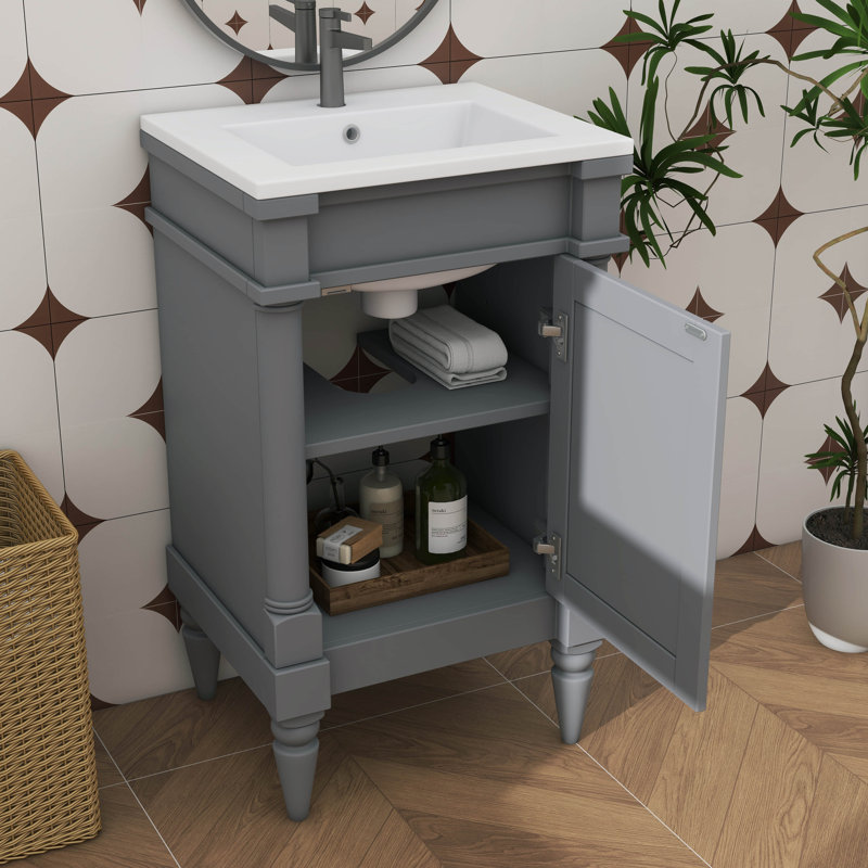 Meuble-lavabo autoportant 18 po avec porte et meuble-lavabo à tablette réglable 18 po avec lavabo en céramique, Gris