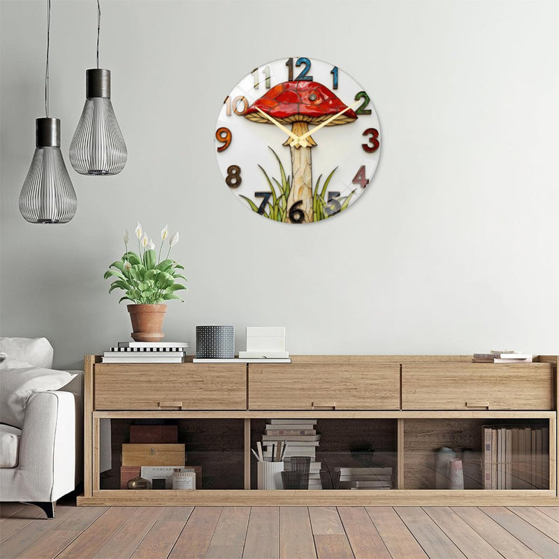 Horloge murale rouge en verre coloré champignon rouge (1) Art - Horloge murale 24 po