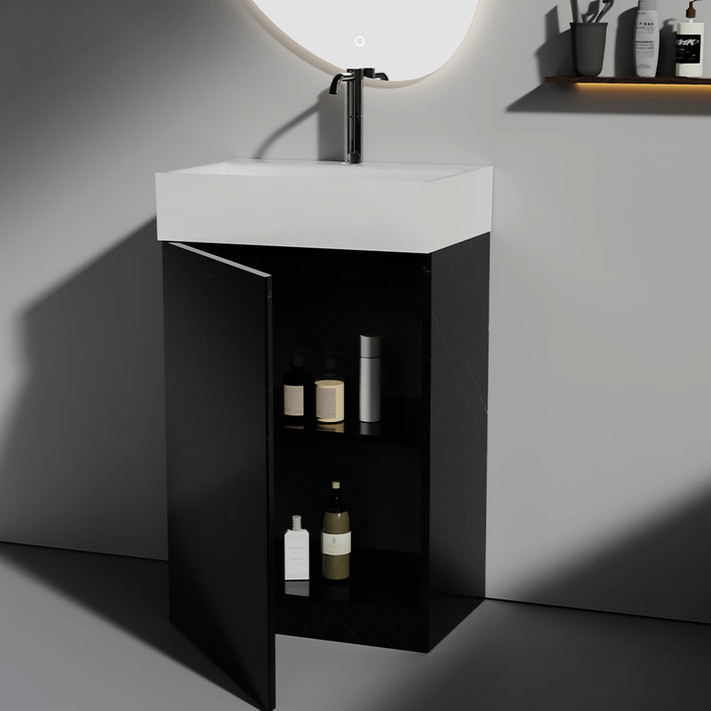 Meuble-lavabo moderne avec surface en marbre noir et lavabo en céramique Wheelock