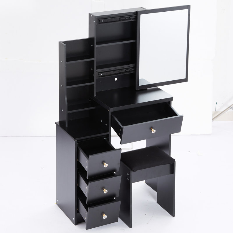 Table de coiffeuse noire compacte avec siège rembourré, très grand miroir coulissant, rangement multi-couches pour tabouret d'armoire de petite taille et espaces multicouches, approuvé UL