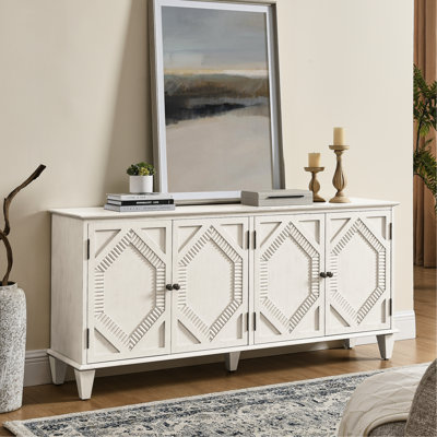 65.2" Mid Century Modern Buffet, Symmetrical Geometric Accent, Adjustable Shelf, Retro Colors For Study Sideboard, Elegant Appearance Entryway