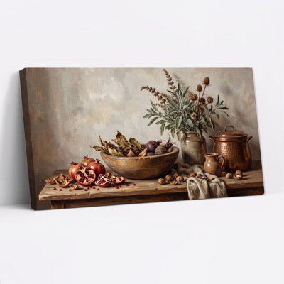 Tableau sur toile représentant des grenades et un pot en cuivre sur une table en bois rustique