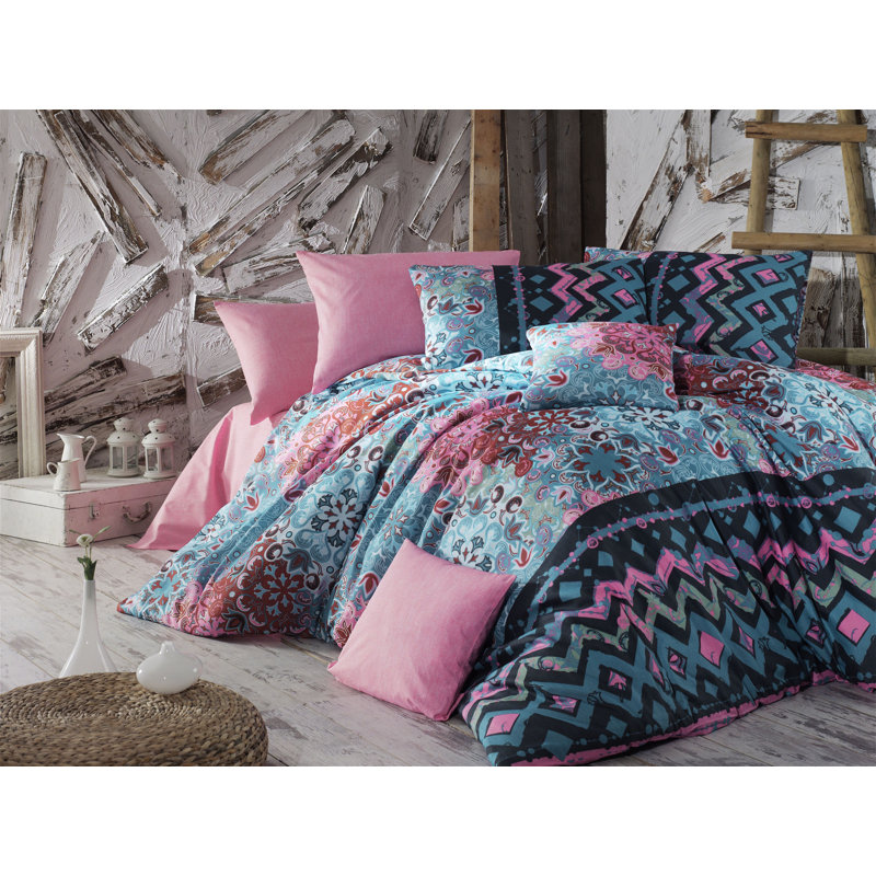 Ensemble de housse de couette en mélange de coton rose / turquoise Abbate, Housse de couette double + 2 taies d'oreiller 31 p