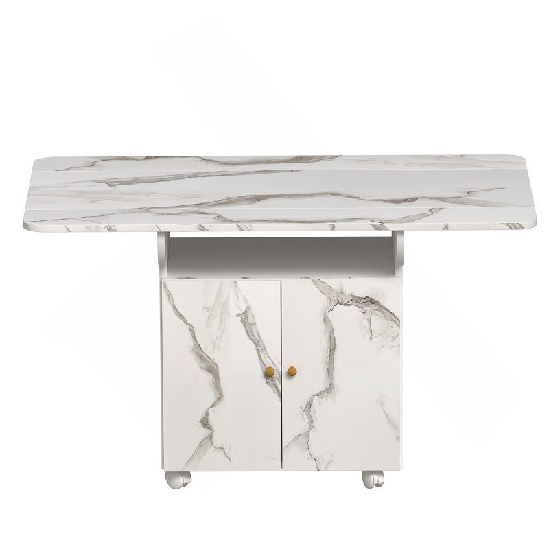 Folding Dining Table With 6 Wheels, Storage Rack,cabinet And Marble Texture