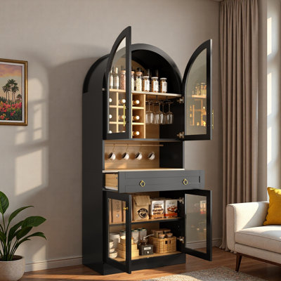 Armoire de bar Mid-Century arquée avec tablette réglable, grand tiroir, 5 crochets, 9 supports à vin, 3 porte-verres et portes en verre trempé