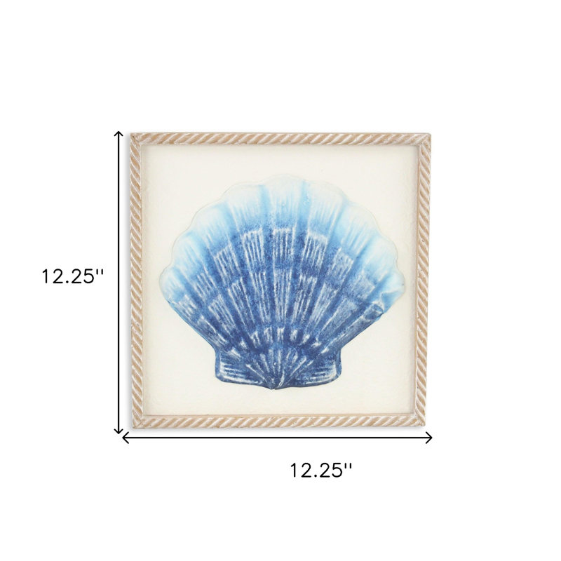 Bleu et blanc, coquille de mer en métal vieilli, cadre brun