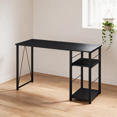 Élégant bureau rectangulaire noir mat avec tablette à deux niveaux, en métal et en bois synthétique, d'une largeur de 47 pouces