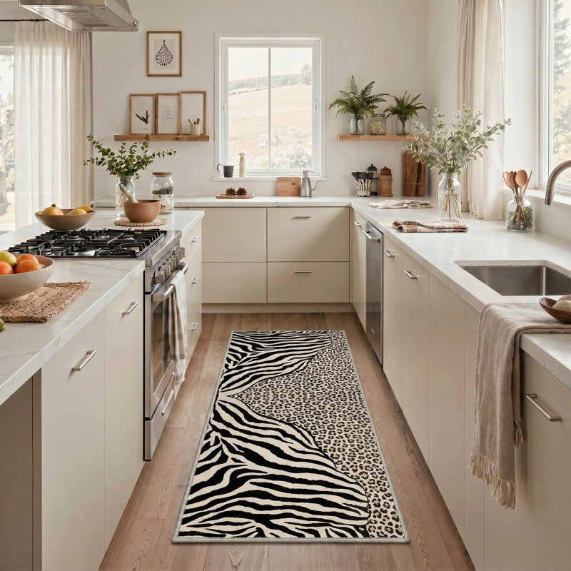 Abrahamson Zebra and Leopard Patchwork Animal Print Machine Washable Black / Beige Indoor Area Rug with Non-Slip Backing