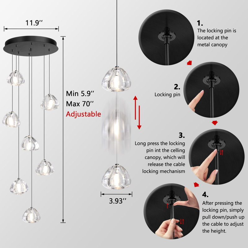 7 Lights Glam Crystal Pendants Chandelier, Matte Black