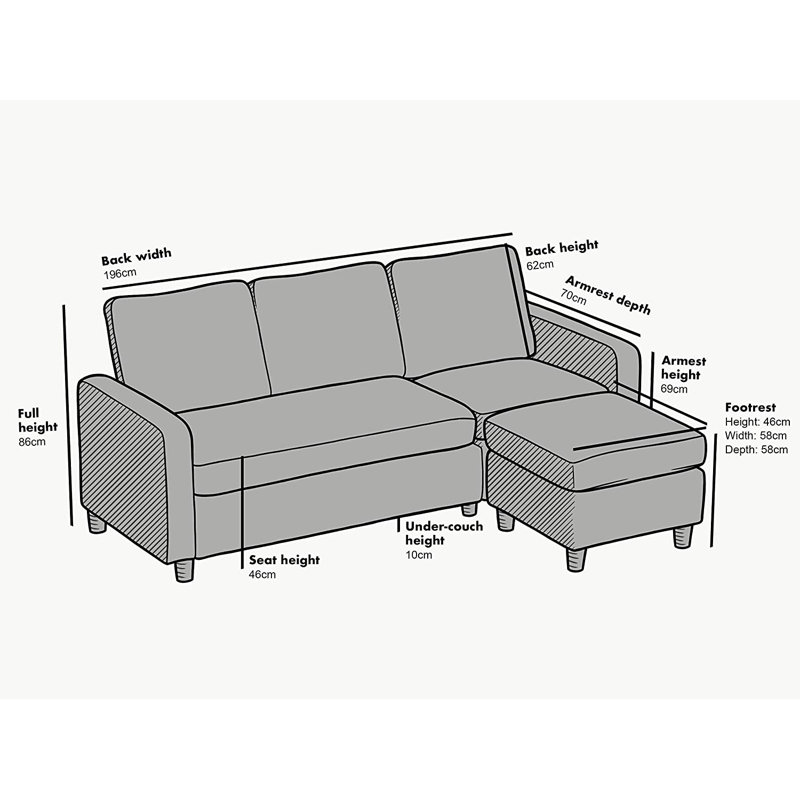 Billups 3 Seater Fabric Sofa & Chaise, Dark Grey