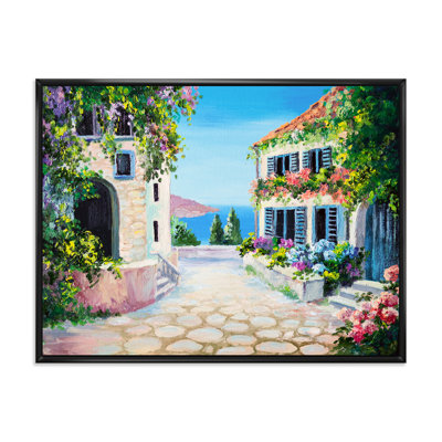 Maisons blanches avec des fleurs en fleurs près de la mer - Peinture sur toile