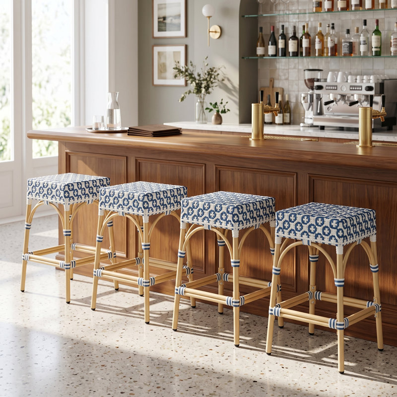 Tabourets de bar en polyuréthane tissé Coastal, Bleu / blanc