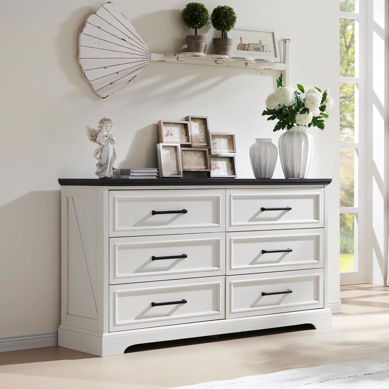 White and Black Farmhouse 52" Dresser with Extra Deep Drawers