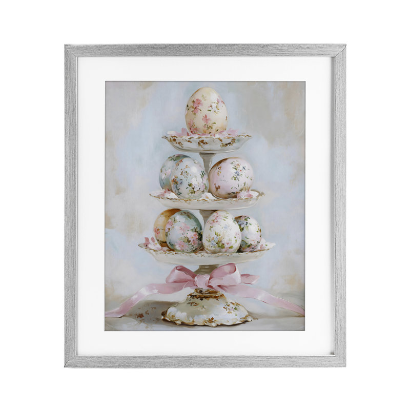 «Pastel Coquette Easter Eggs», reproduction d'art encadrée sous verre, H 16 po x l 13 po, Cadre de ferme gris