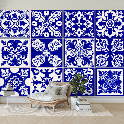 Peel and Stick Wallpaper 96" W x 69" H Modern Self Adhesive Wall Mural for Bedroom Blue White Ornamental Tile Set Floral Geometric Motifs