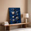 Toile, composition abstraite envoûtante avec formes fluides tourbillonnantes dans un art mural profond bleu marine et riches tons dorés, art mural sur toile-1488106326